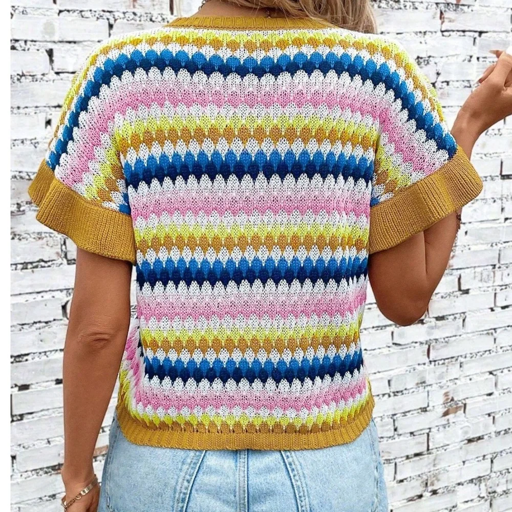 09 Boho Color Block Ruffle Short Sleeve Top - Picture 3 of 3